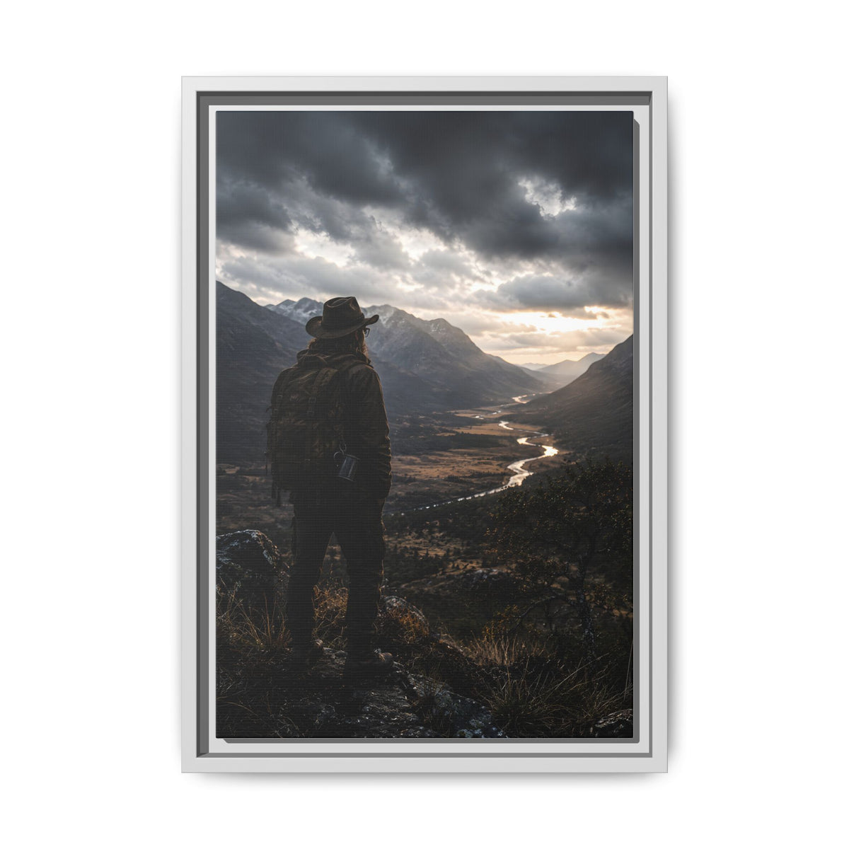 Wanderer in the Valley Matte Framed Canvas – Adventure Landscape Wall Art