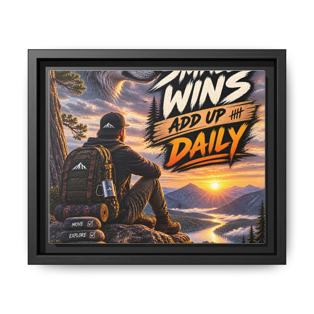 Small Wins Add Up Daily Framed Canvas Wall Art — Motivational Hiking Print