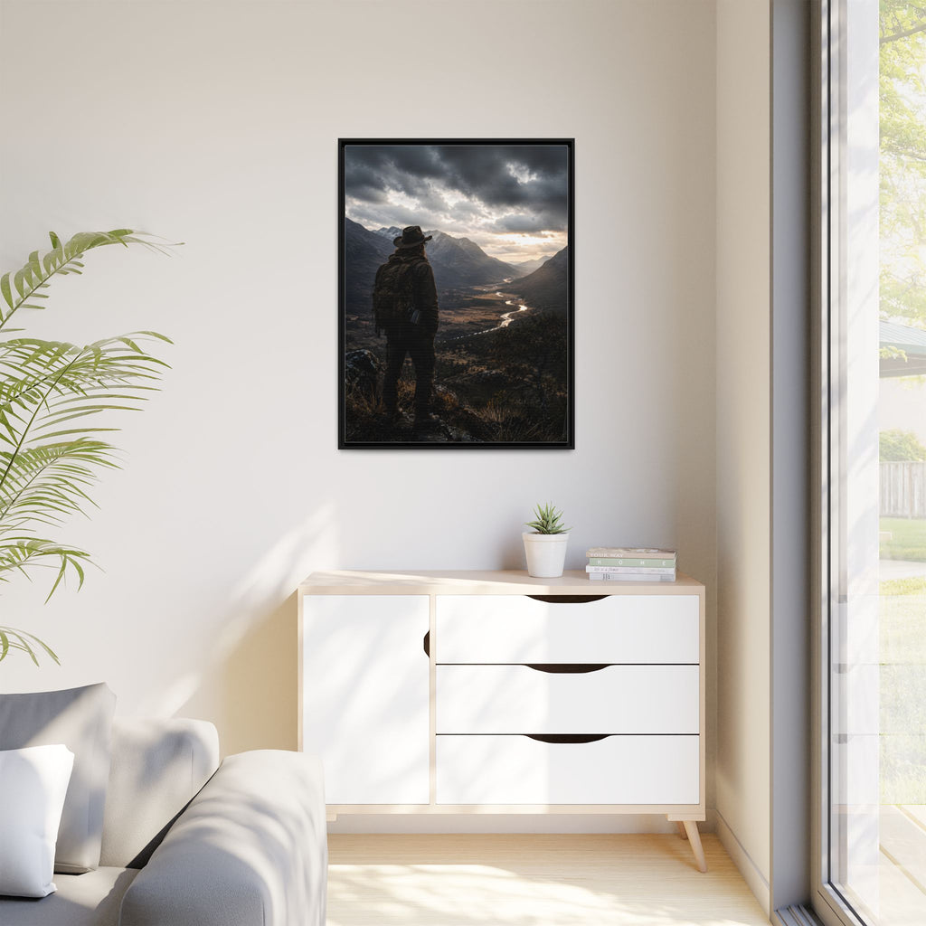 Wanderer in the Valley Matte Framed Canvas – Adventure Landscape Wall Art