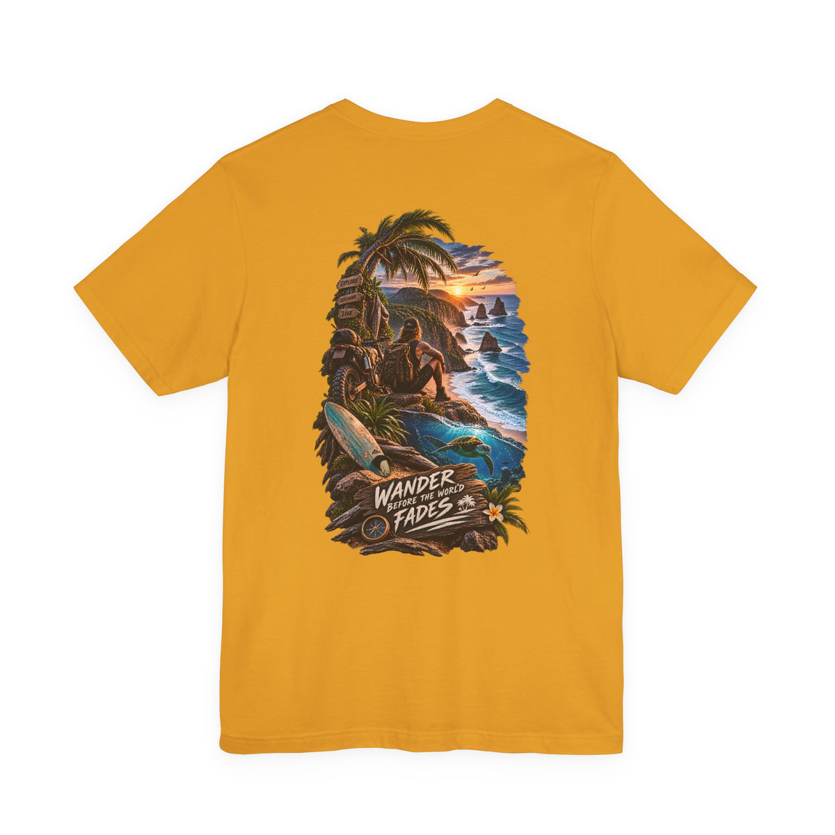T-Shirt — "Wander Never Fades" Surf Sunset Graphic Tee
