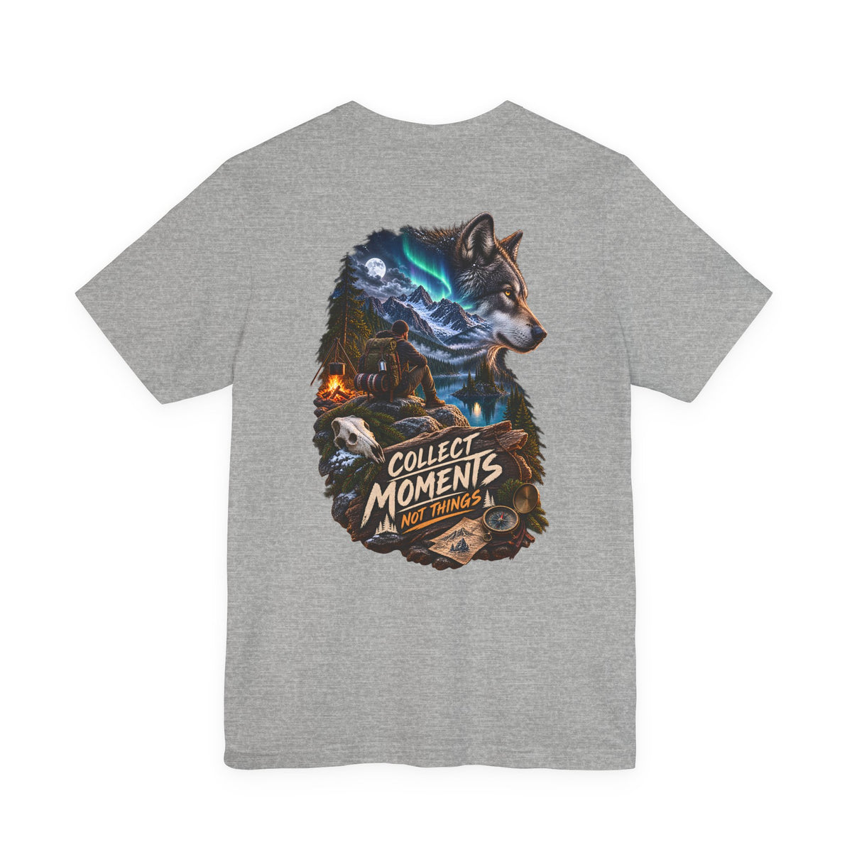 Wolf Graphic Tee – "Collect Moments Not Things" Adventure T-Shirt