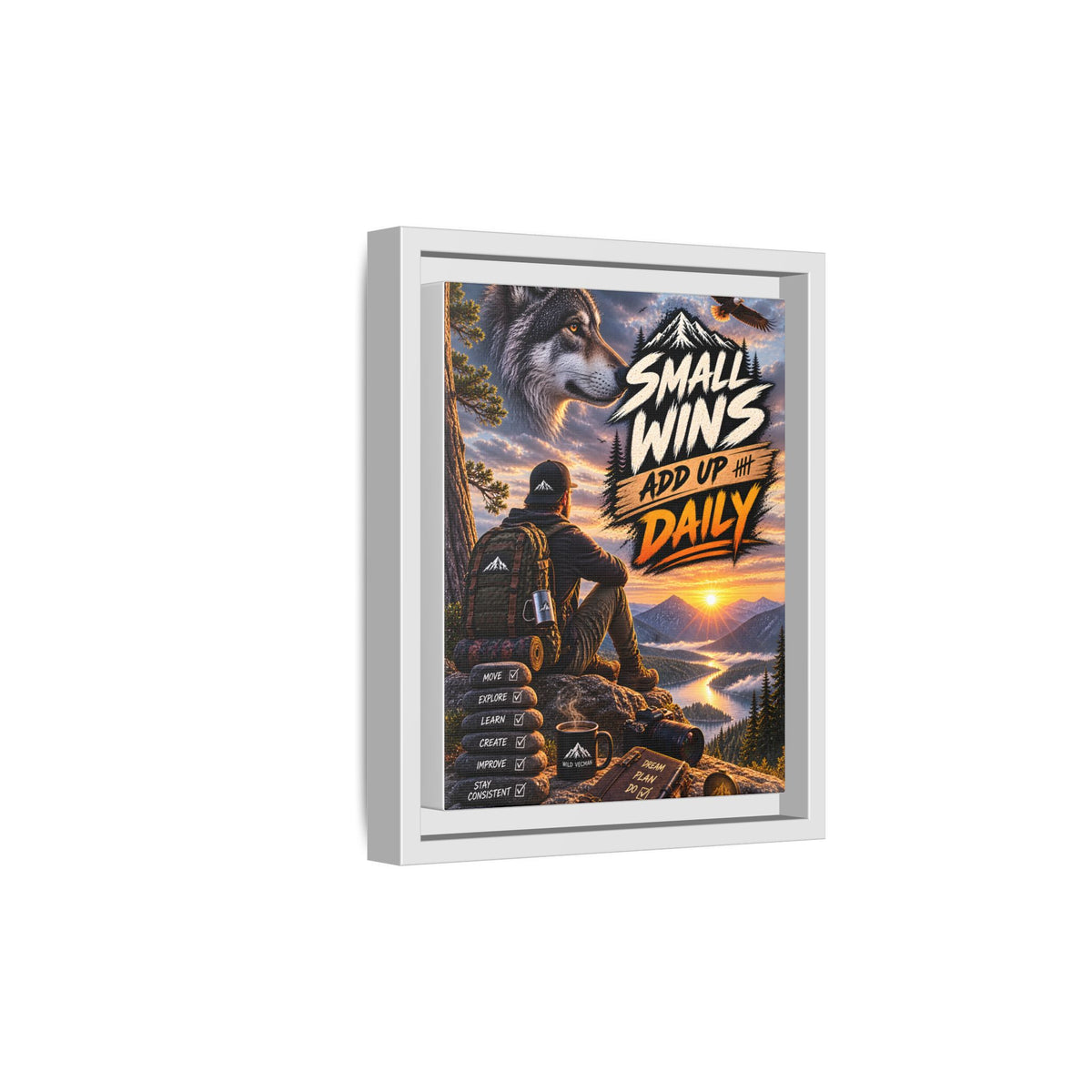 Small Wins Add Up Daily Framed Canvas Wall Art — Motivational Hiking Print