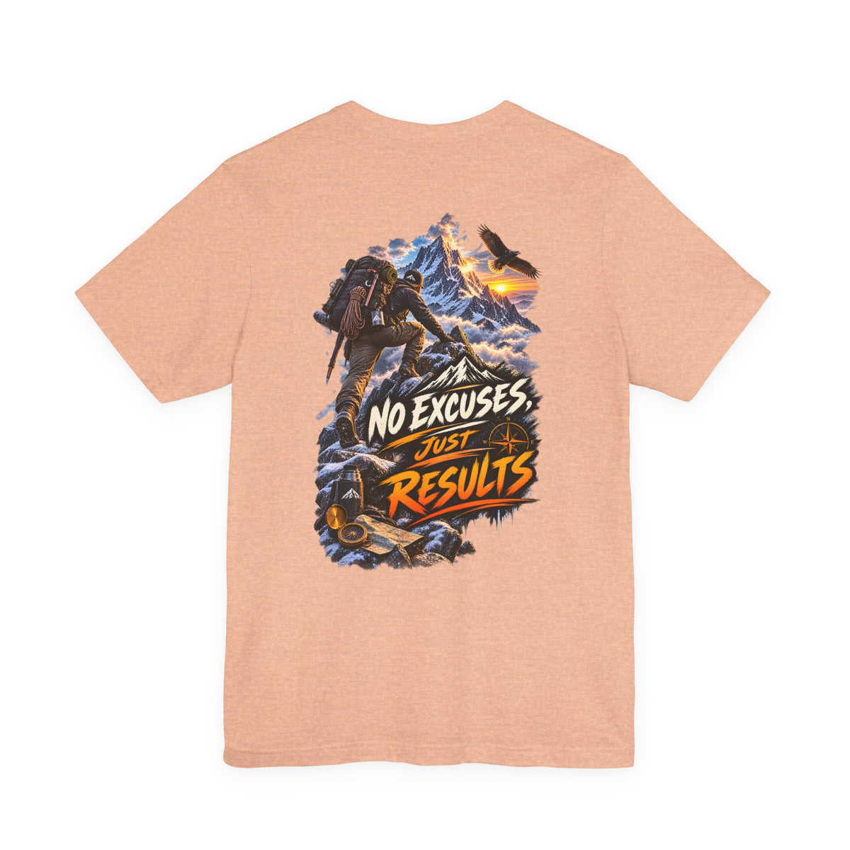 Motivational Climbing T-Shirt — "No Excuses, Just Results" Back Graphic