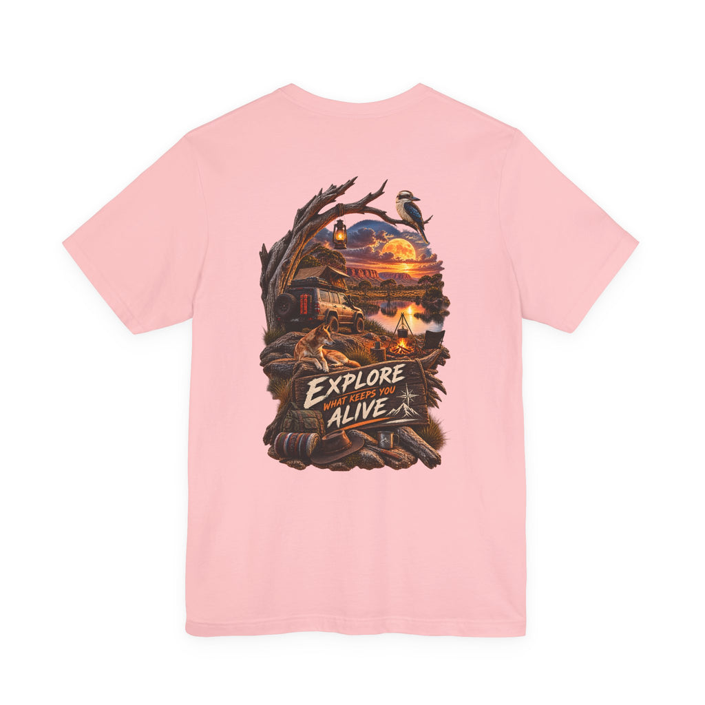 T-shirt Explore Alive Adventure — T-shirt à motif coucher de soleil pour le camping en plein air