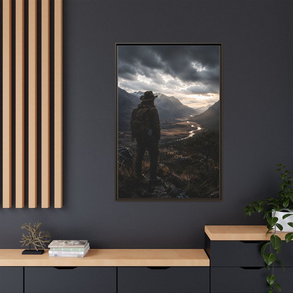 Wanderer in the Valley Matte Framed Canvas – Adventure Landscape Wall Art