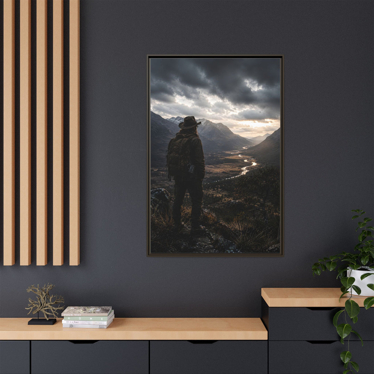 Wanderer in the Valley Matte Framed Canvas – Adventure Landscape Wall Art