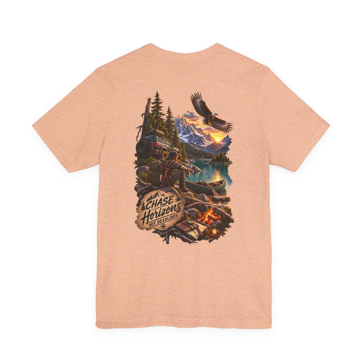Adventure Graphic Tee — "Chase New Horizons" Mountain & Eagle Back Print