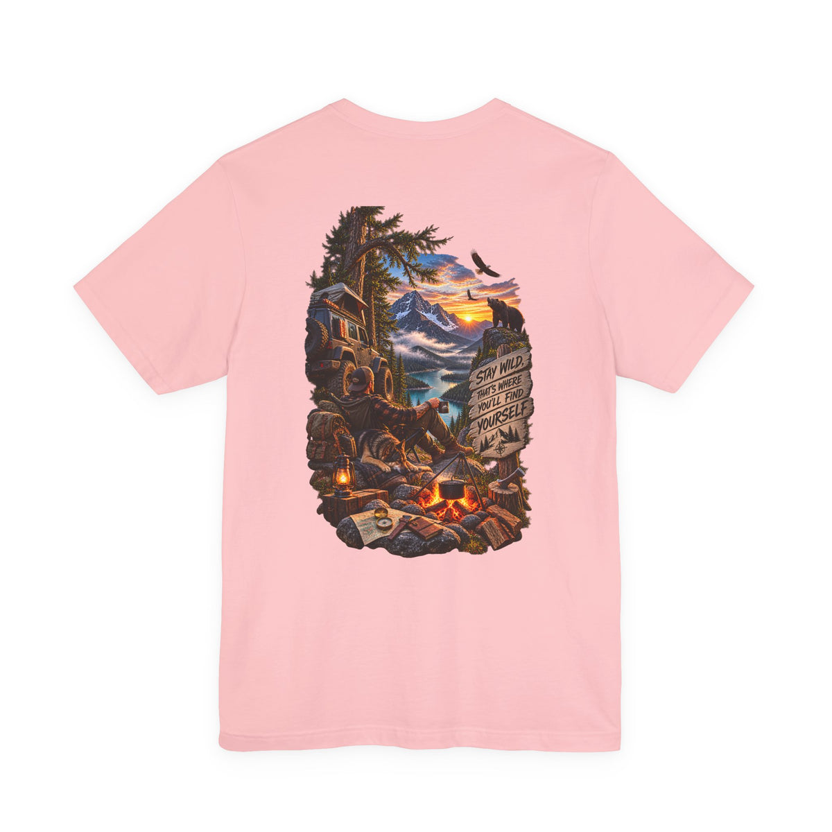 Camping Scene Backprint Tee — 'Stay Wild' Mountain Campfire Graphic T‑Shirt