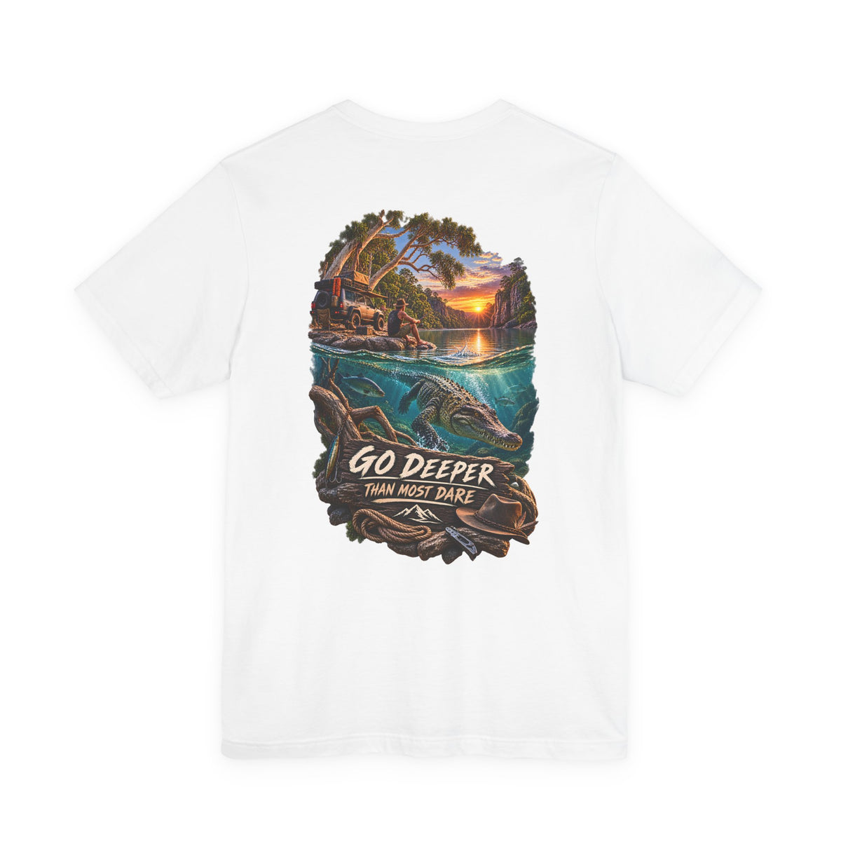 Go Deeper Dolphin Beach Tee — Nautical Sunset Ocean Graphic T‑Shirt