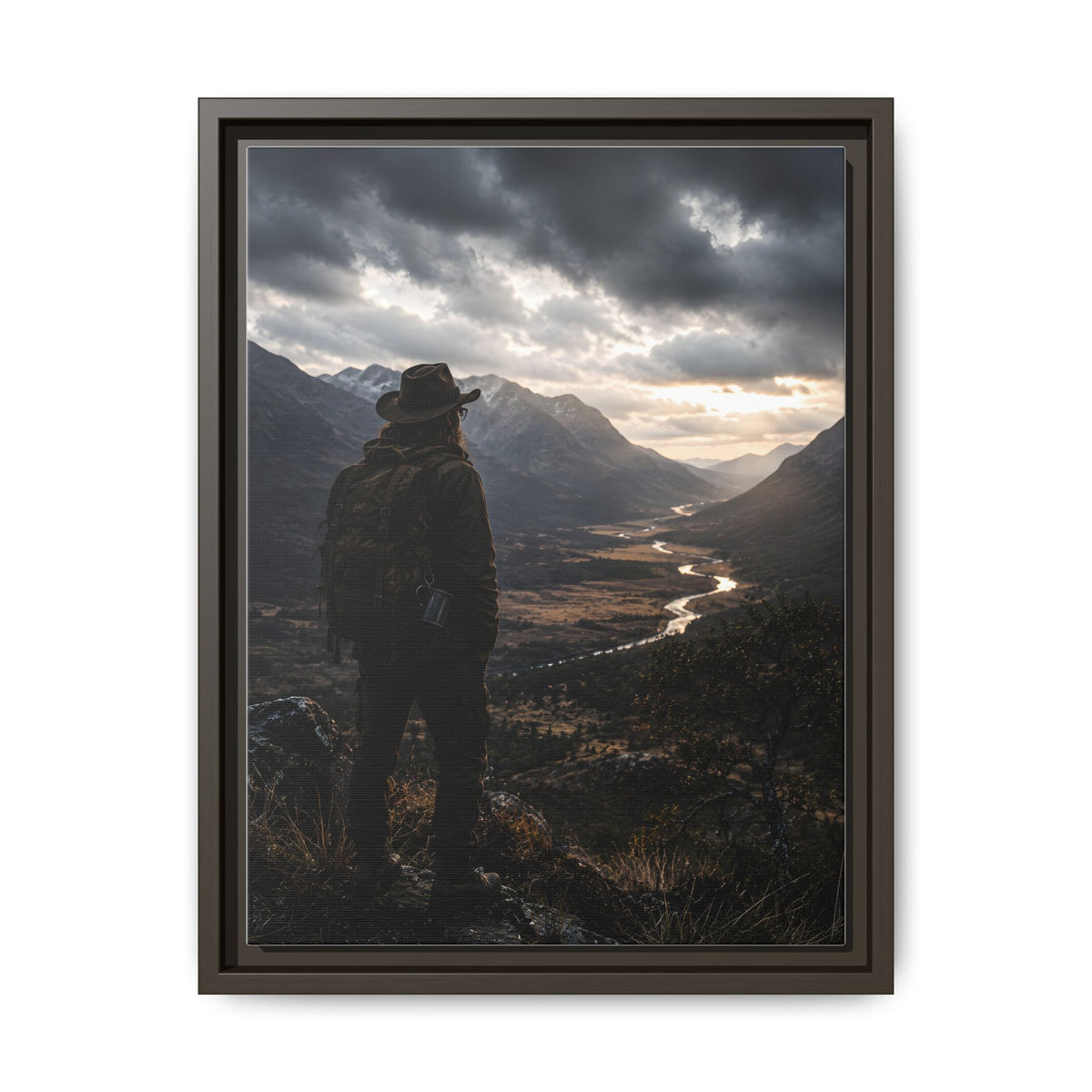 Wanderer in the Valley Matte Framed Canvas – Adventure Landscape Wall Art