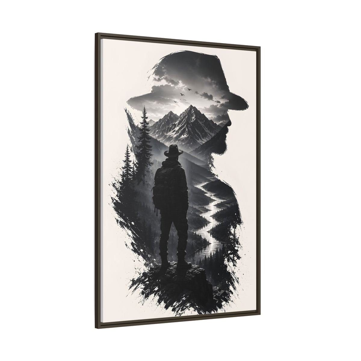 Adventure Silhouette Matte Canvas Framed Print — Mountain Hiker Double Exposure Wall Art