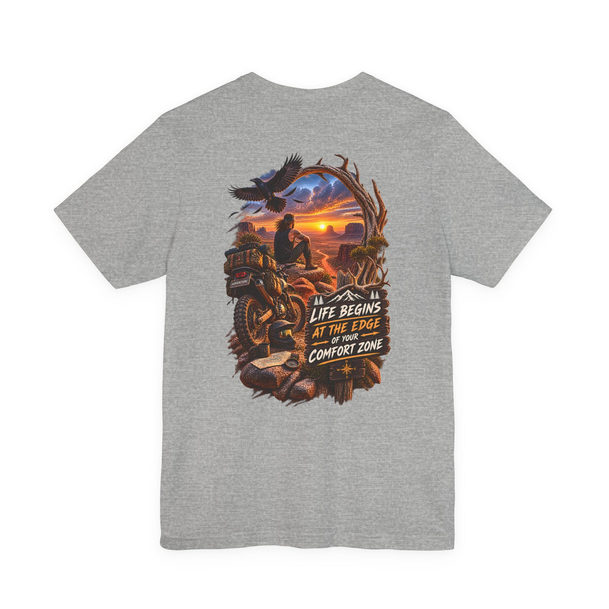Adventure Motorcycle Tee — "Life Begins at the Edge of Your Comfort Zone"