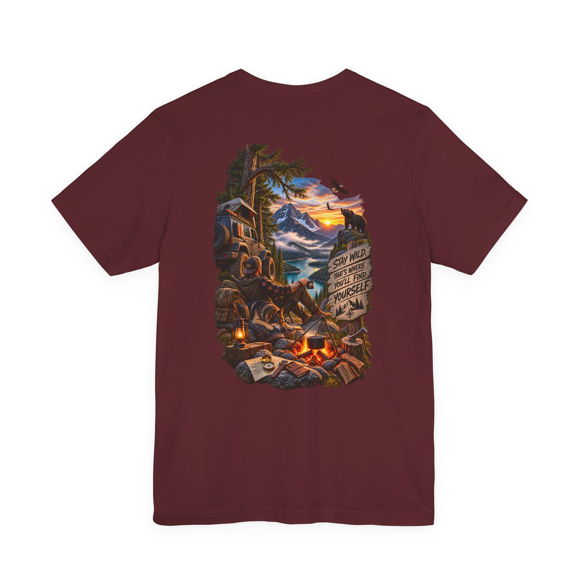 Camping Scene Backprint Tee — 'Stay Wild' Mountain Campfire Graphic T‑Shirt