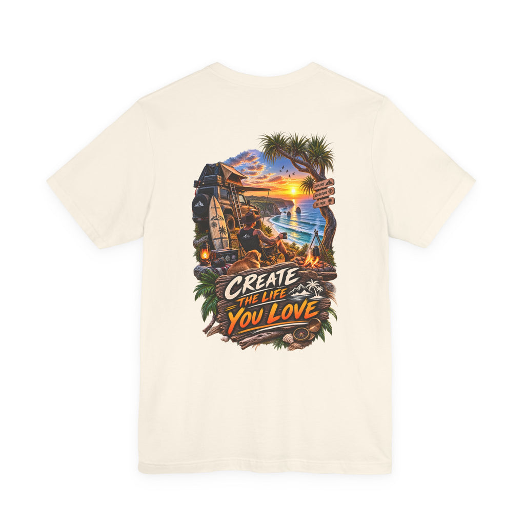 T-shirt « Create the Life You Love » — T-shirt graphique avec coucher de soleil et surf à la plage