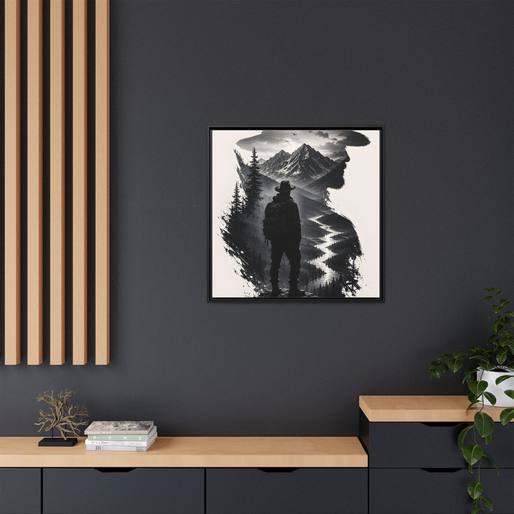 Adventure Silhouette Matte Canvas Framed Print — Mountain Hiker Double Exposure Wall Art