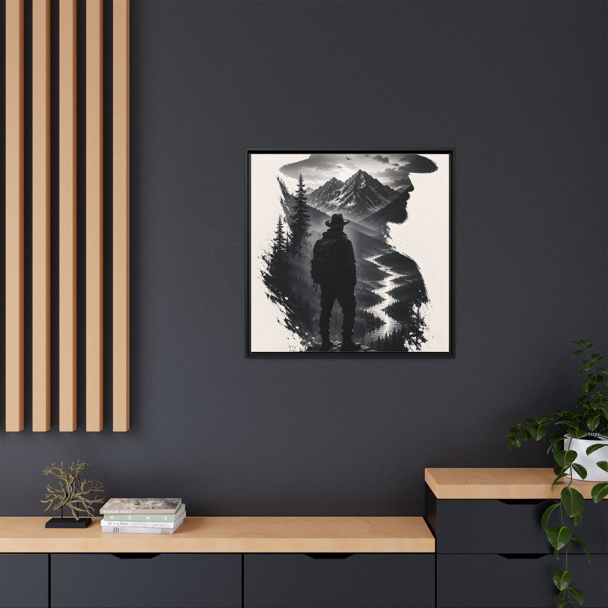 Adventure Silhouette Matte Canvas Framed Print — Mountain Hiker Double Exposure Wall Art