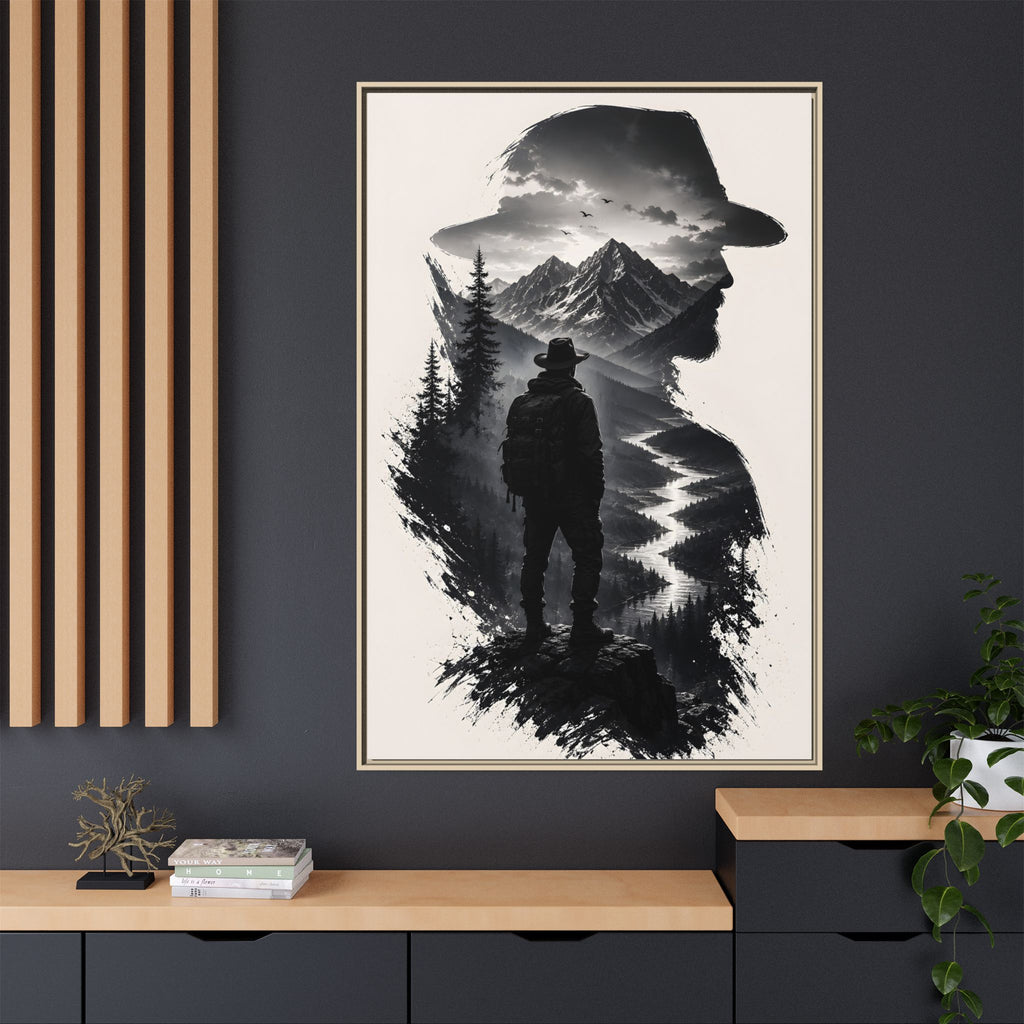 Adventure Silhouette Matte Canvas Framed Print — Mountain Hiker Double Exposure Wall Art