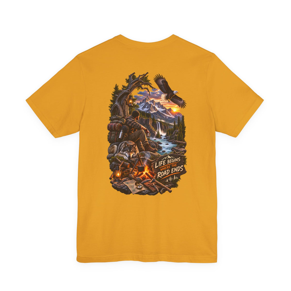Adventure Campfire Tee — Life Begins Where the Road Ends Graphic T-Shirt