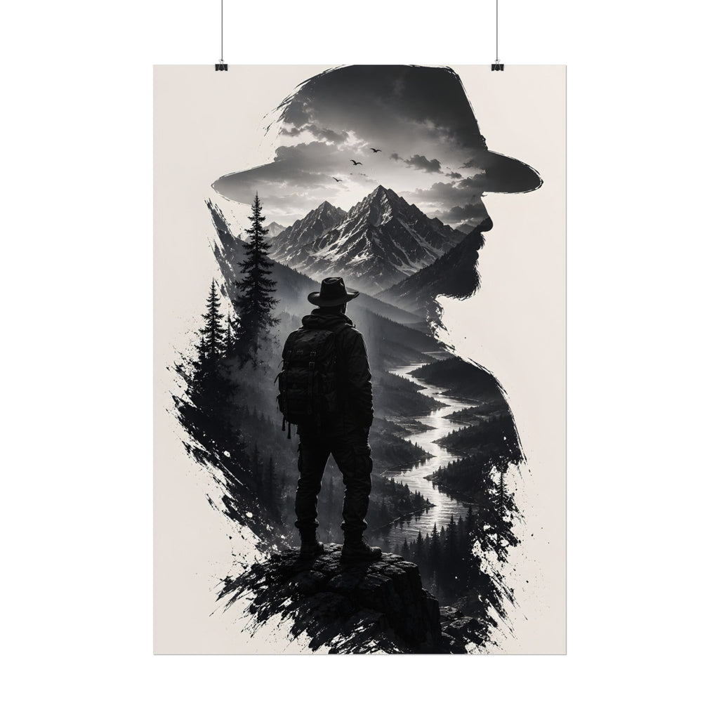Adventure Silhouette Poster — Hiker, Mountains & River Rolled Wall Art