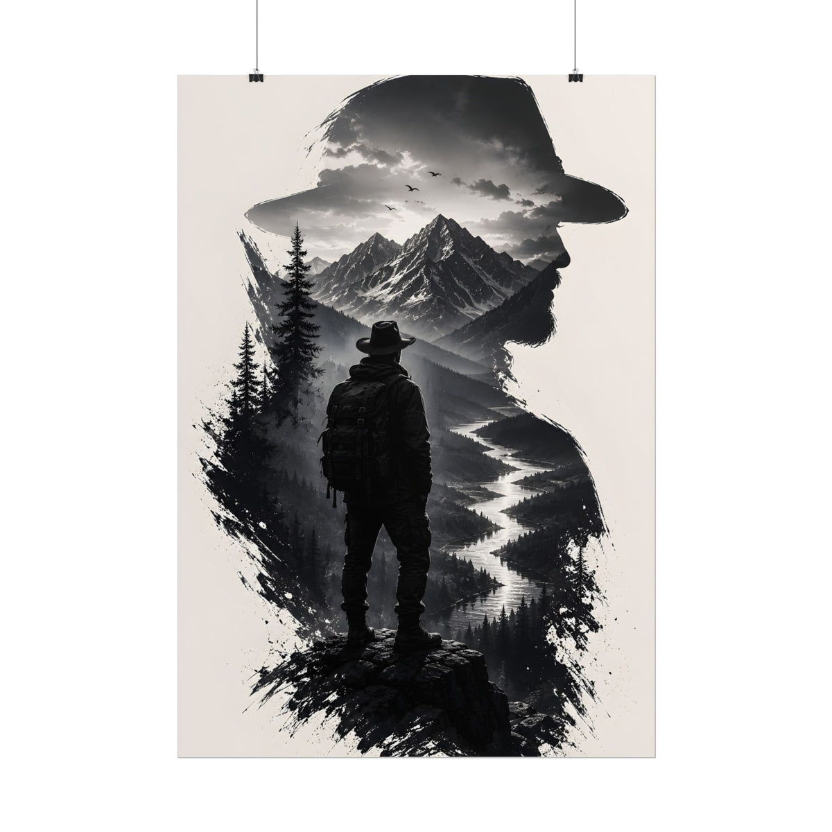 Adventure Silhouette Poster — Hiker, Mountains & River Rolled Wall Art
