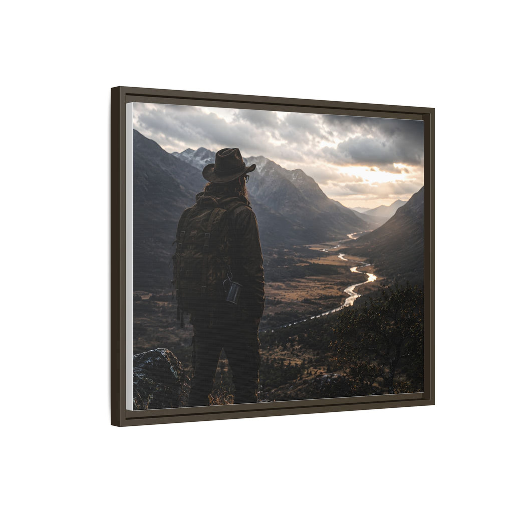 Wanderer in the Valley Matte Framed Canvas – Adventure Landscape Wall Art