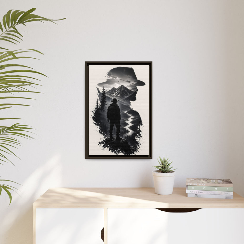 Adventure Silhouette Matte Canvas Framed Print — Mountain Hiker Double Exposure Wall Art