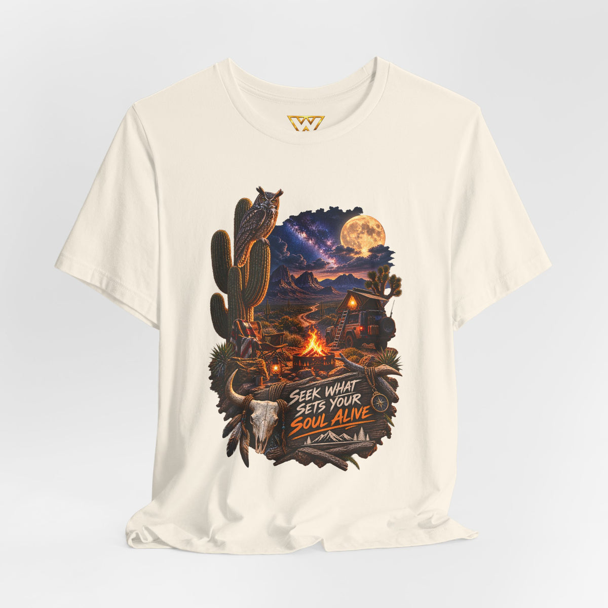 Campfire Desert Graphic Tee — "Seek What Sets Your Soul Alive"