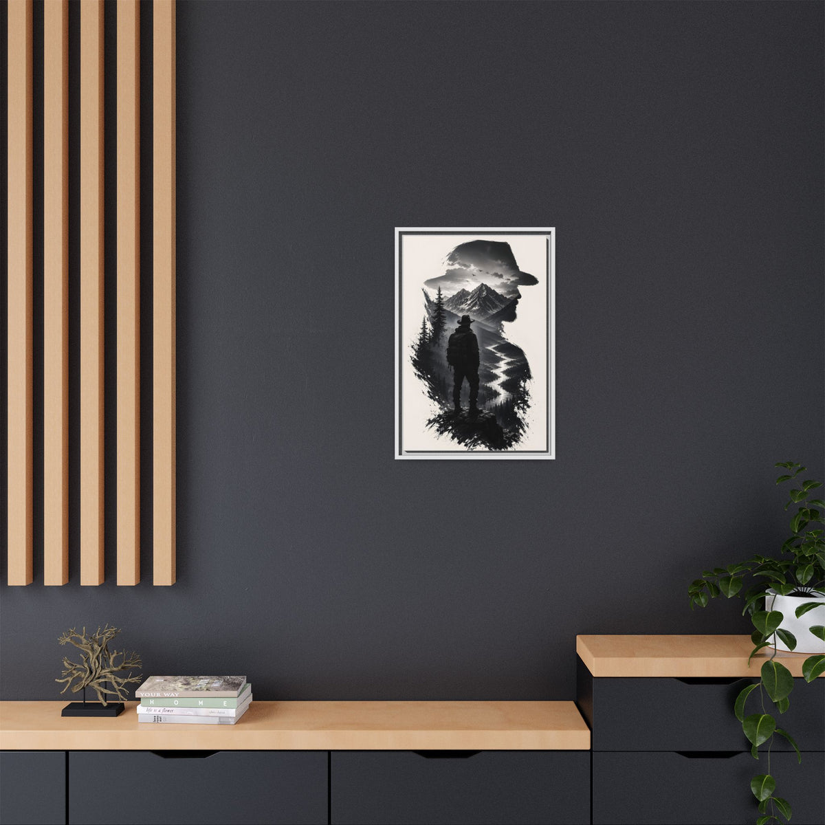 Adventure Silhouette Matte Canvas Framed Print — Mountain Hiker Double Exposure Wall Art