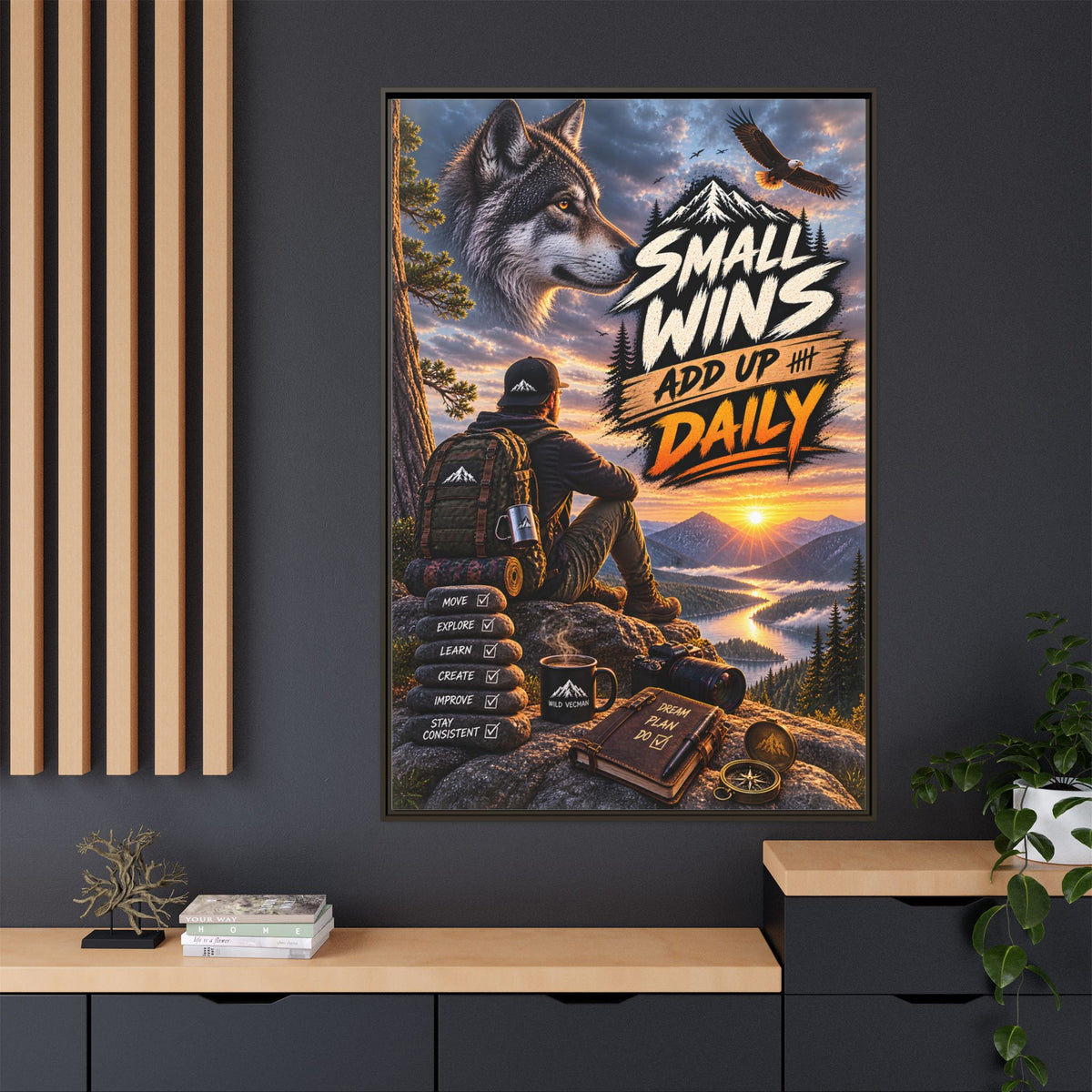 Small Wins Add Up Daily Framed Canvas Wall Art — Motivational Hiking Print