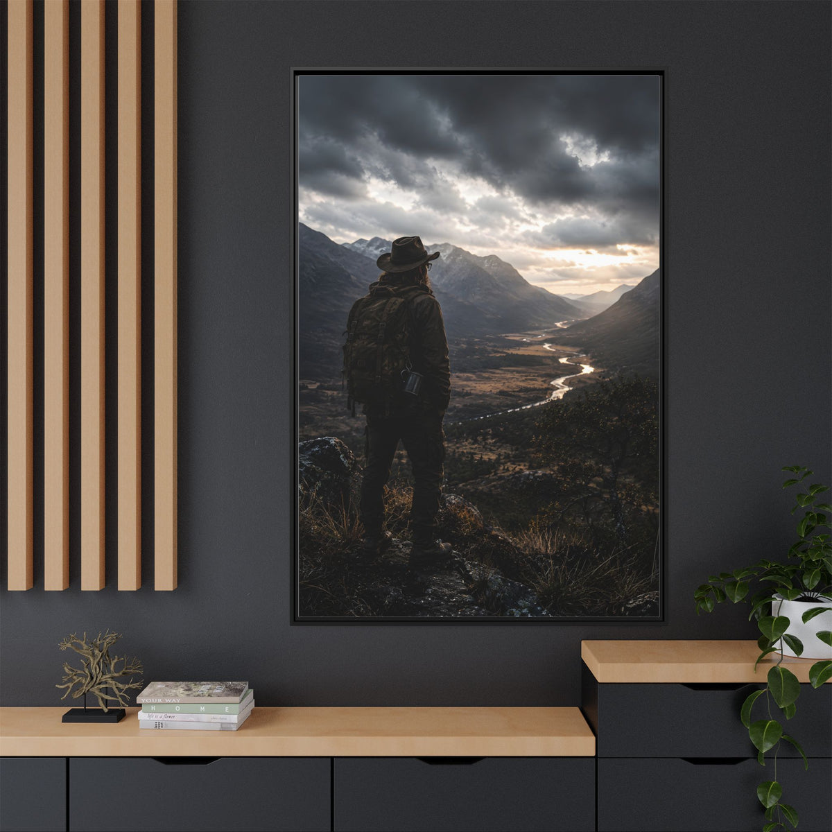 Wanderer in the Valley Matte Framed Canvas – Adventure Landscape Wall Art