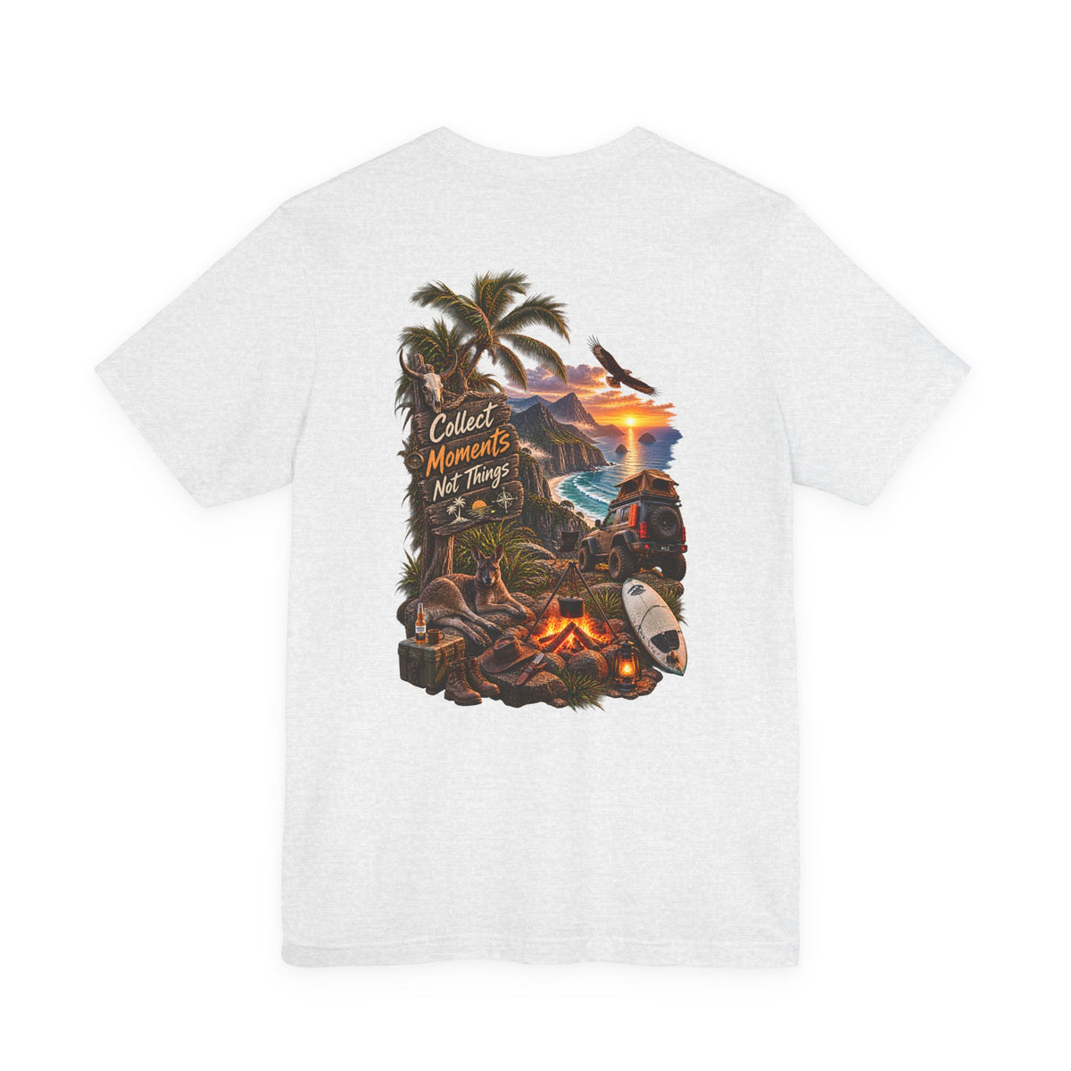 T-Shirt — "Collect Moments Not Things" Tropical Beach Camping Graphic Tee