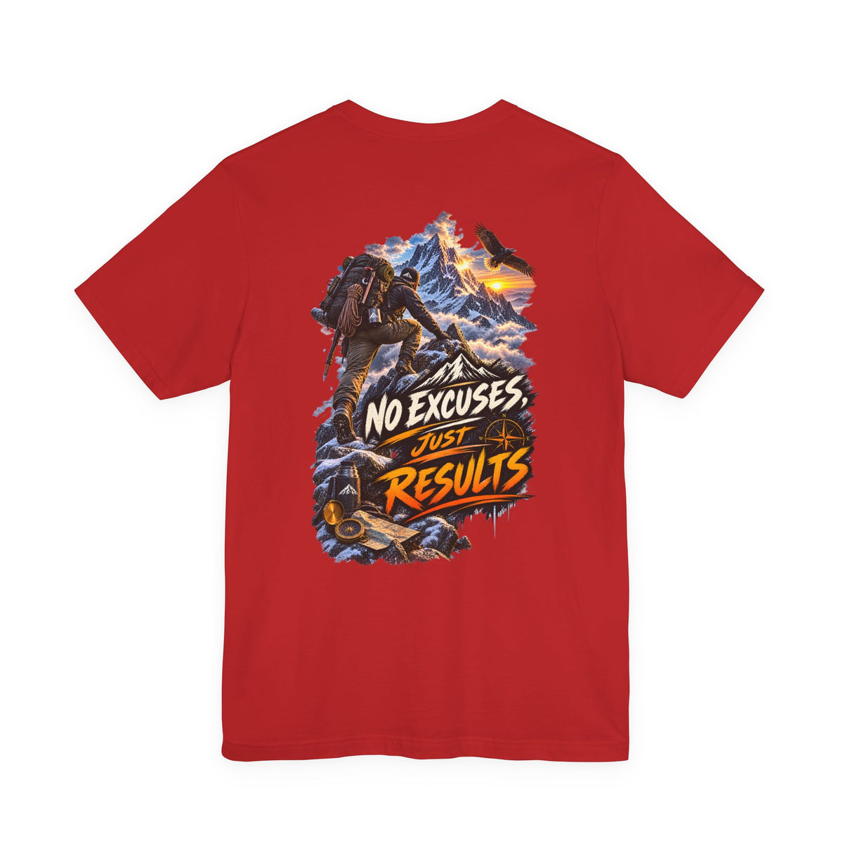 Motivational Climbing T-Shirt — "No Excuses, Just Results" Back Graphic