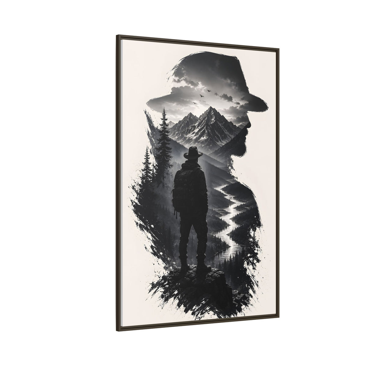 Adventure Silhouette Matte Canvas Framed Print — Mountain Hiker Double Exposure Wall Art