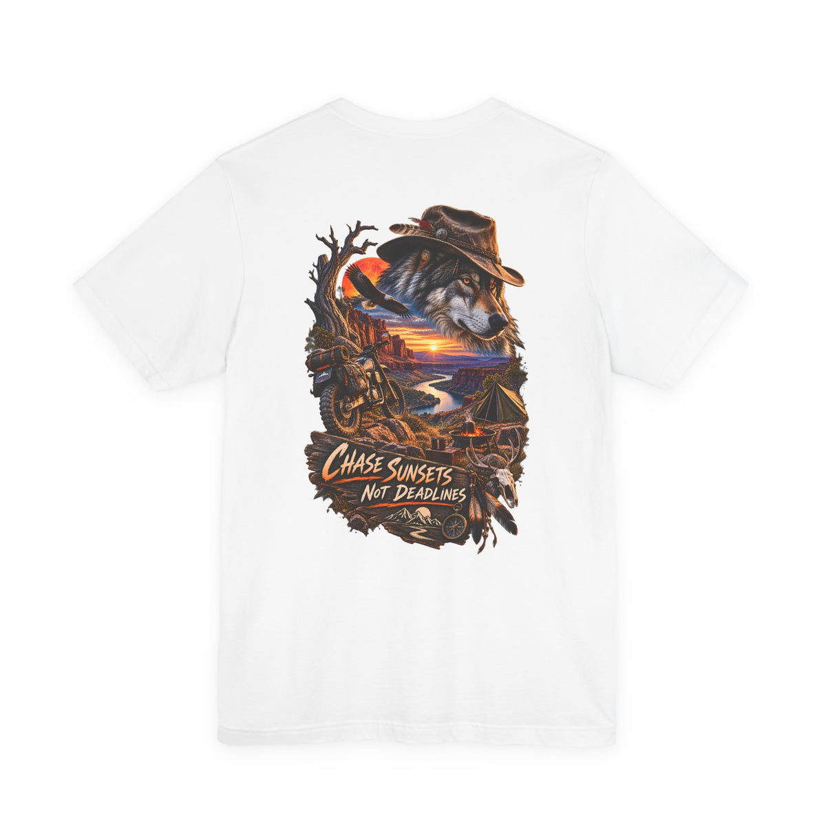 Chase Sunsets Graphic Tee — Motorcycle Sunset Rider Back Print