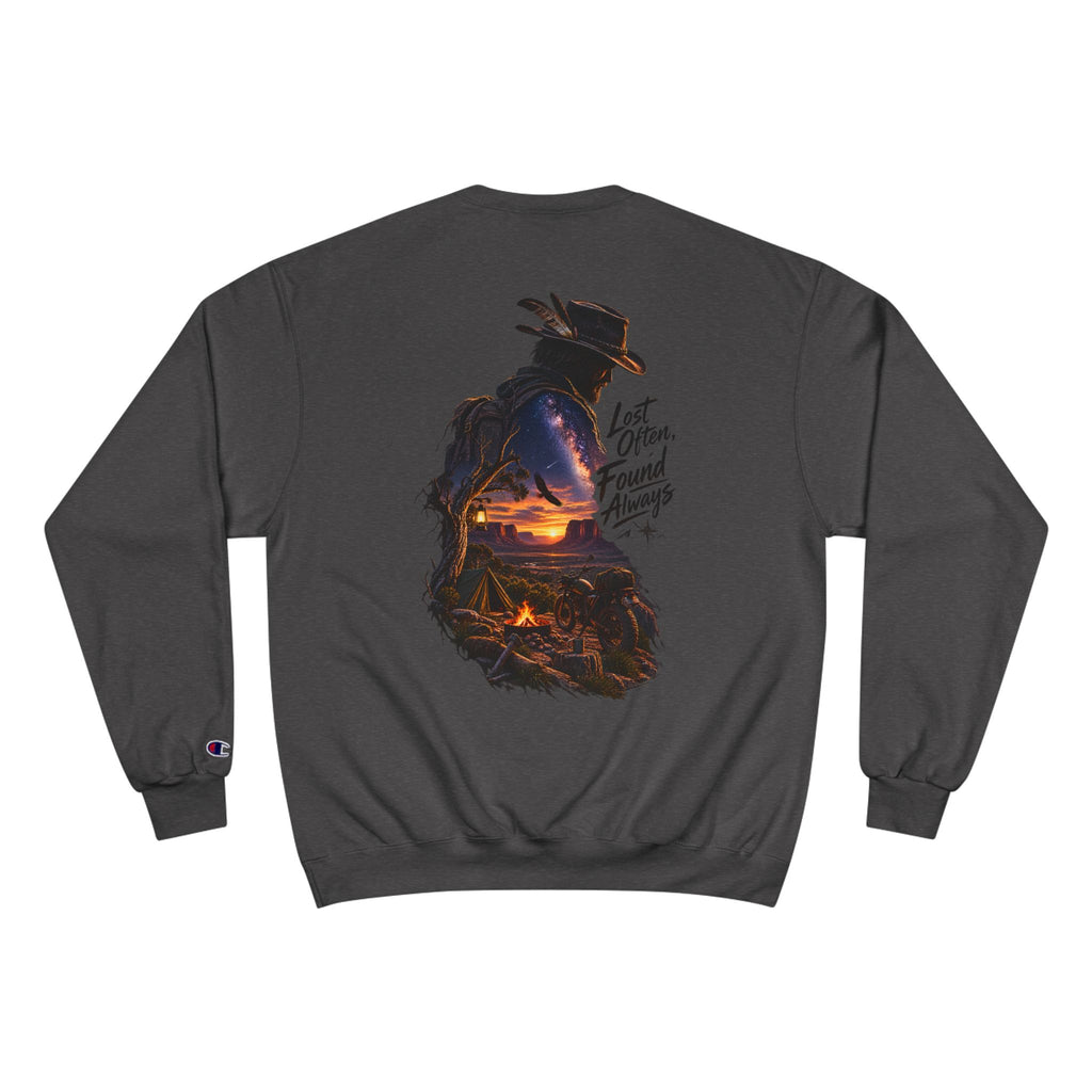 Adventure Champion Sweatshirt — 'Lost Often, Found Always' Mountain Graphic Crewneck
