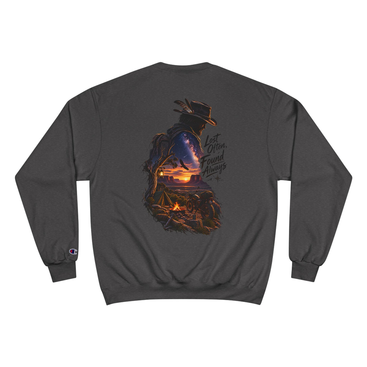 Adventure Champion Sweatshirt — 'Lost Often, Found Always' Mountain Graphic Crewneck