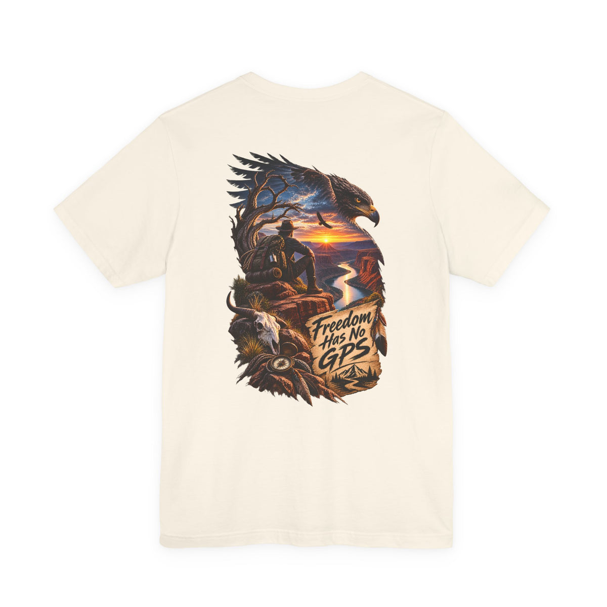 Freedom Has No GPS T‑Shirt — Patriotic Eagle Sunset Vintage Tee