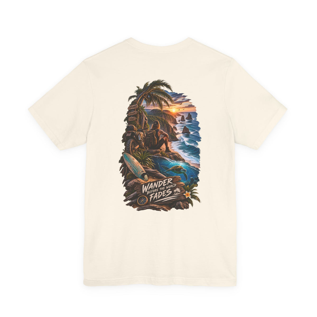 T-Shirt — "Wander Never Fades" Surf Sunset Graphic Tee