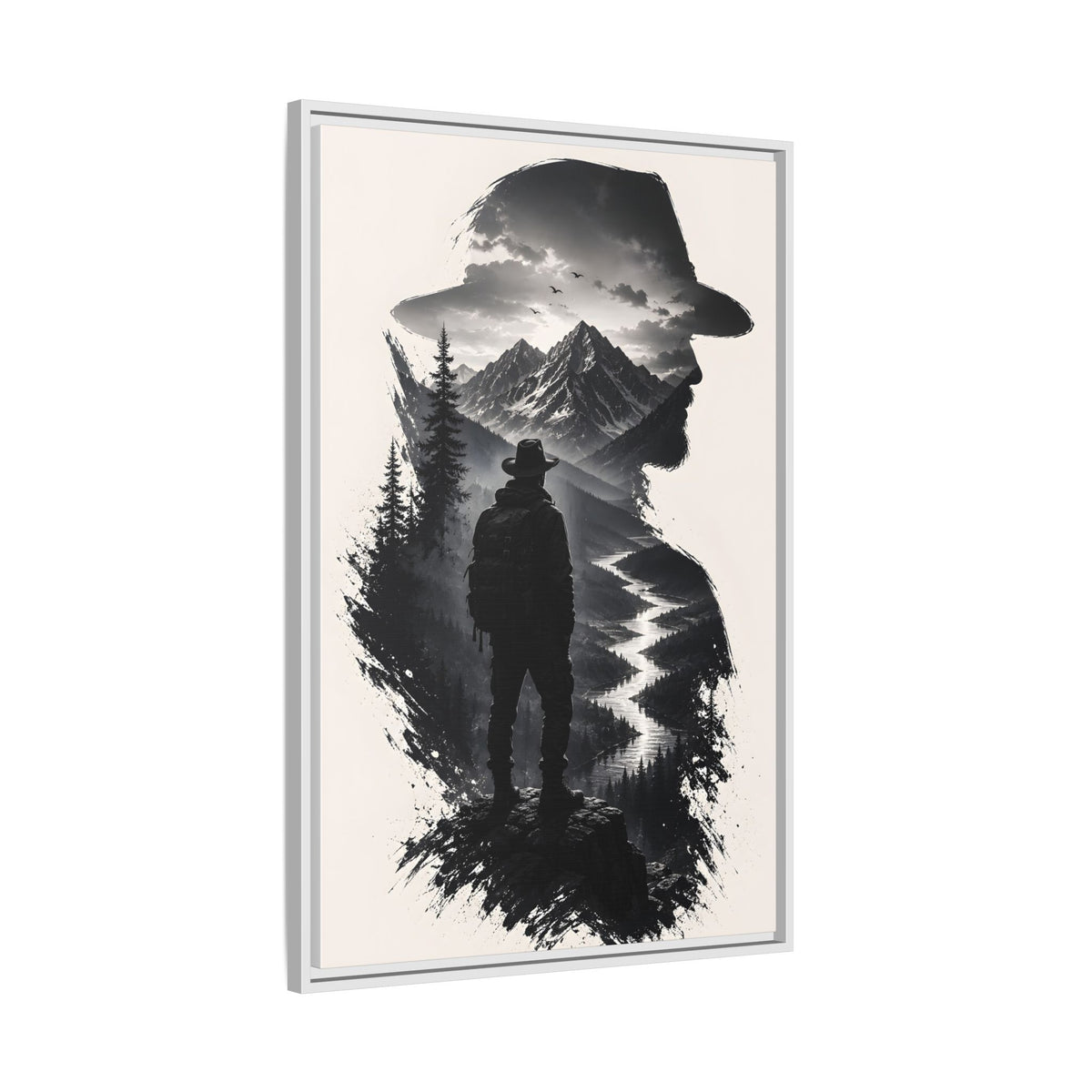 Adventure Silhouette Matte Canvas Framed Print — Mountain Hiker Double Exposure Wall Art