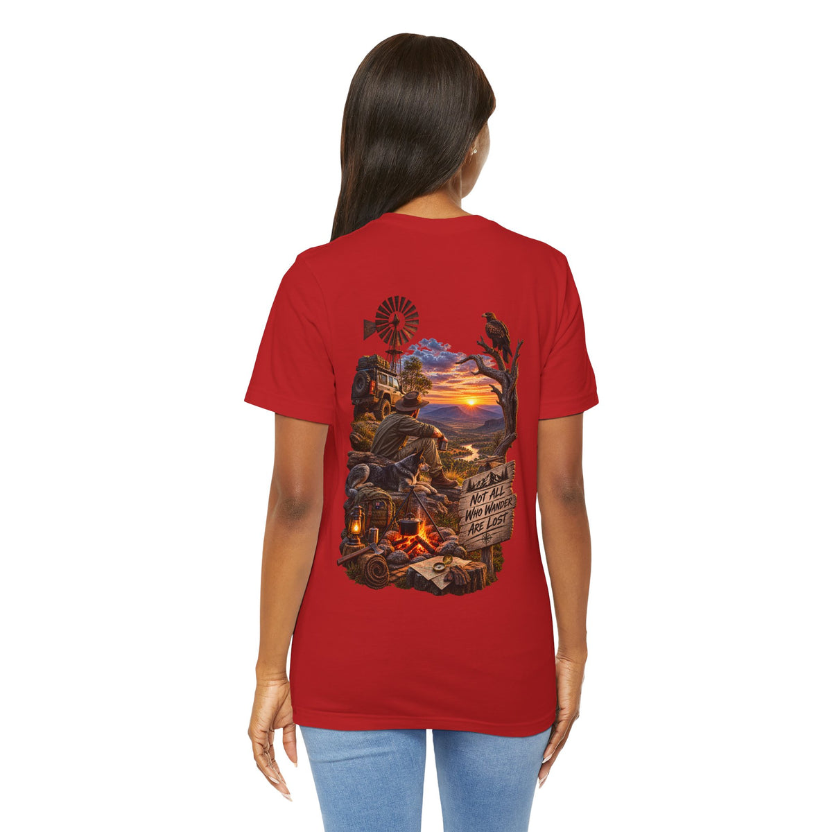 Sunset Campfire Western Tee — "Not All Who Wander Are Lost"
