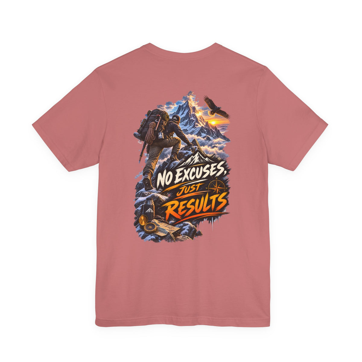 Motivational Climbing T-Shirt — "No Excuses, Just Results" Back Graphic
