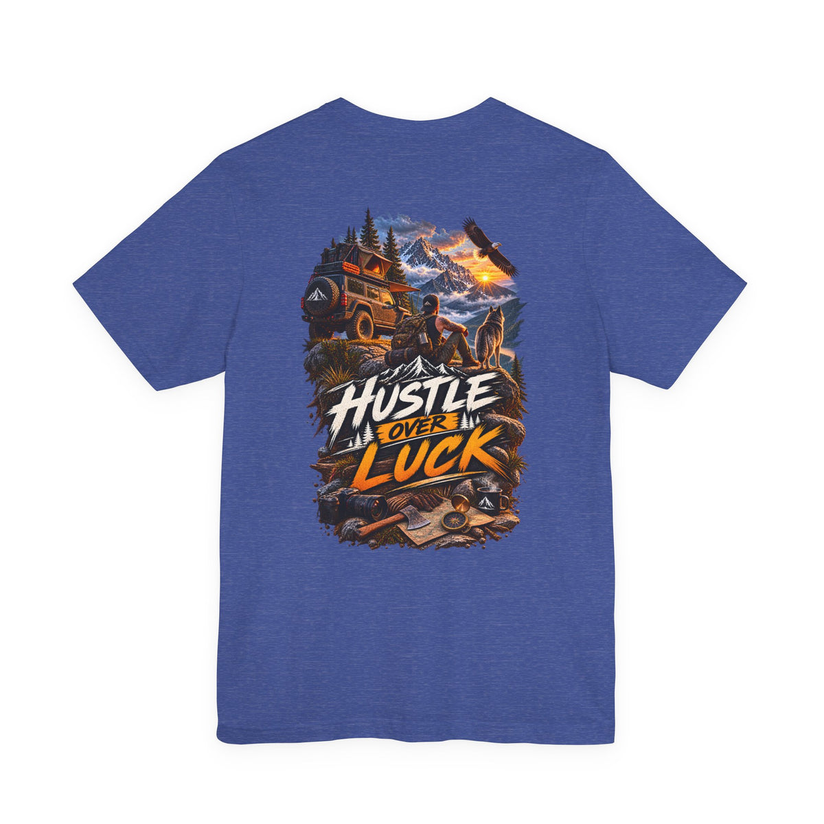 Hustle Over Luck Graphic Tee — Adventure Motivation Mountain T-Shirt