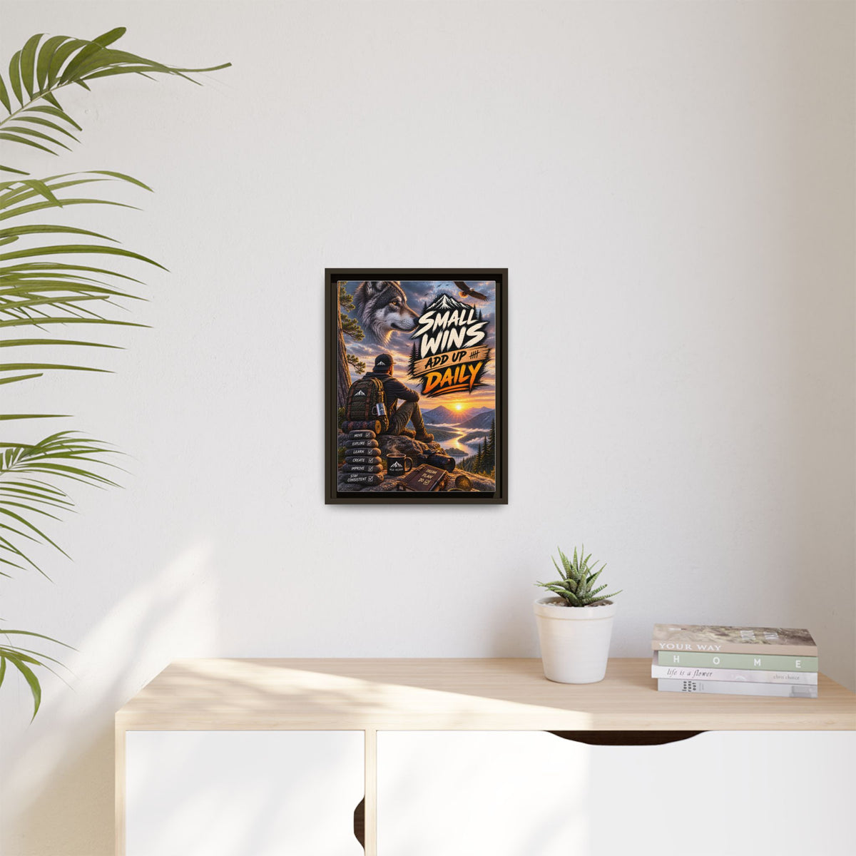 Small Wins Add Up Daily Framed Canvas Wall Art — Motivational Hiking Print
