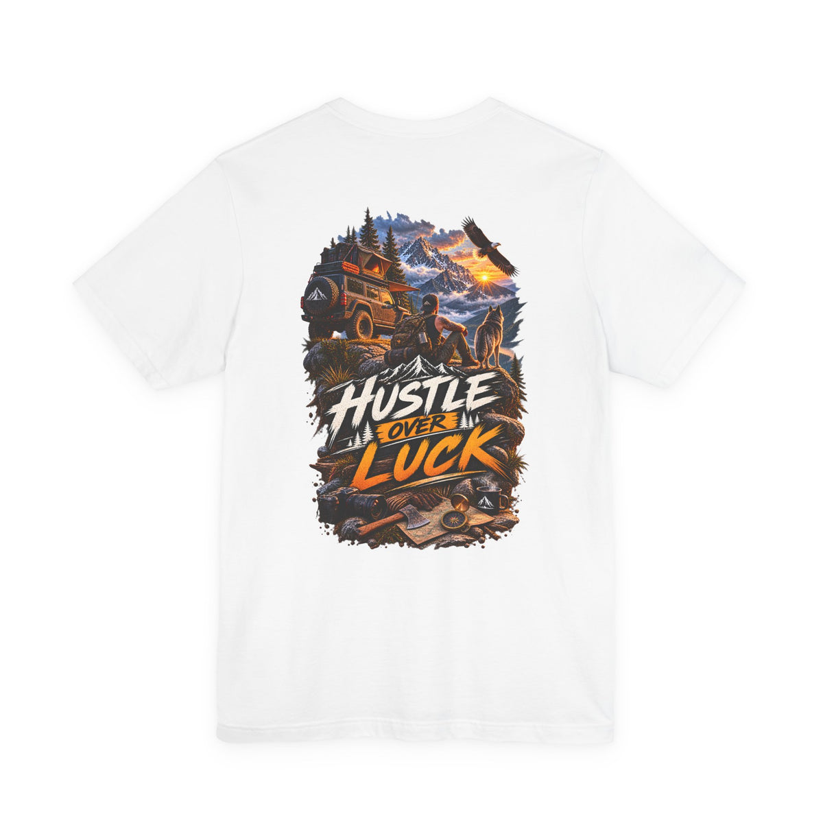 Hustle Over Luck Graphic Tee — Adventure Motivation Mountain T-Shirt