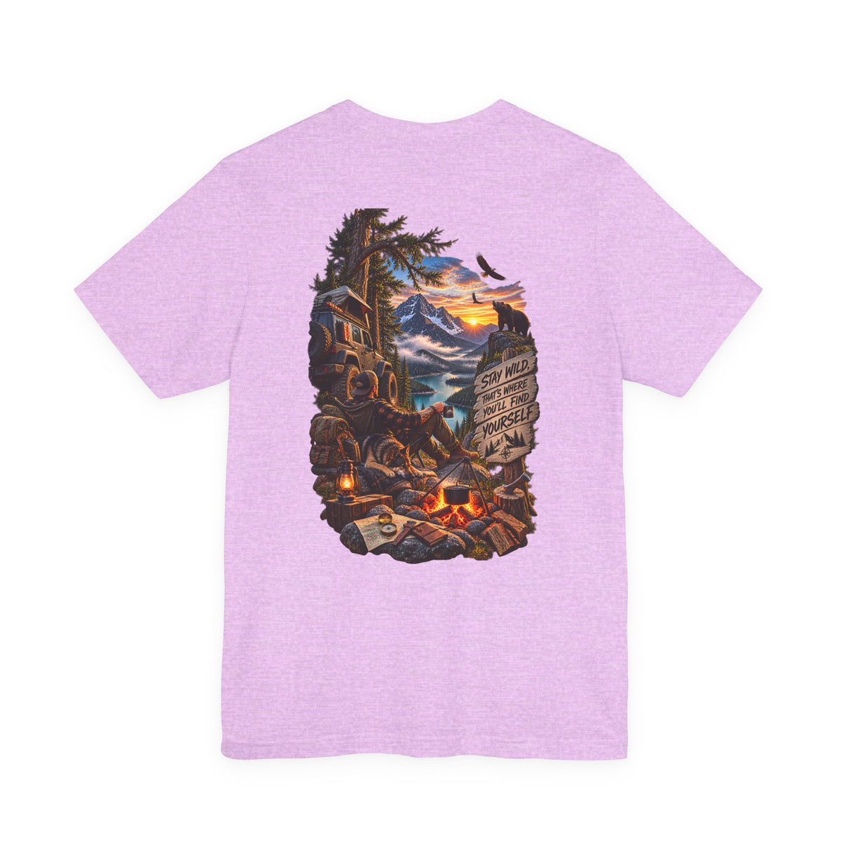 Camping Scene Backprint Tee — 'Stay Wild' Mountain Campfire Graphic T‑Shirt