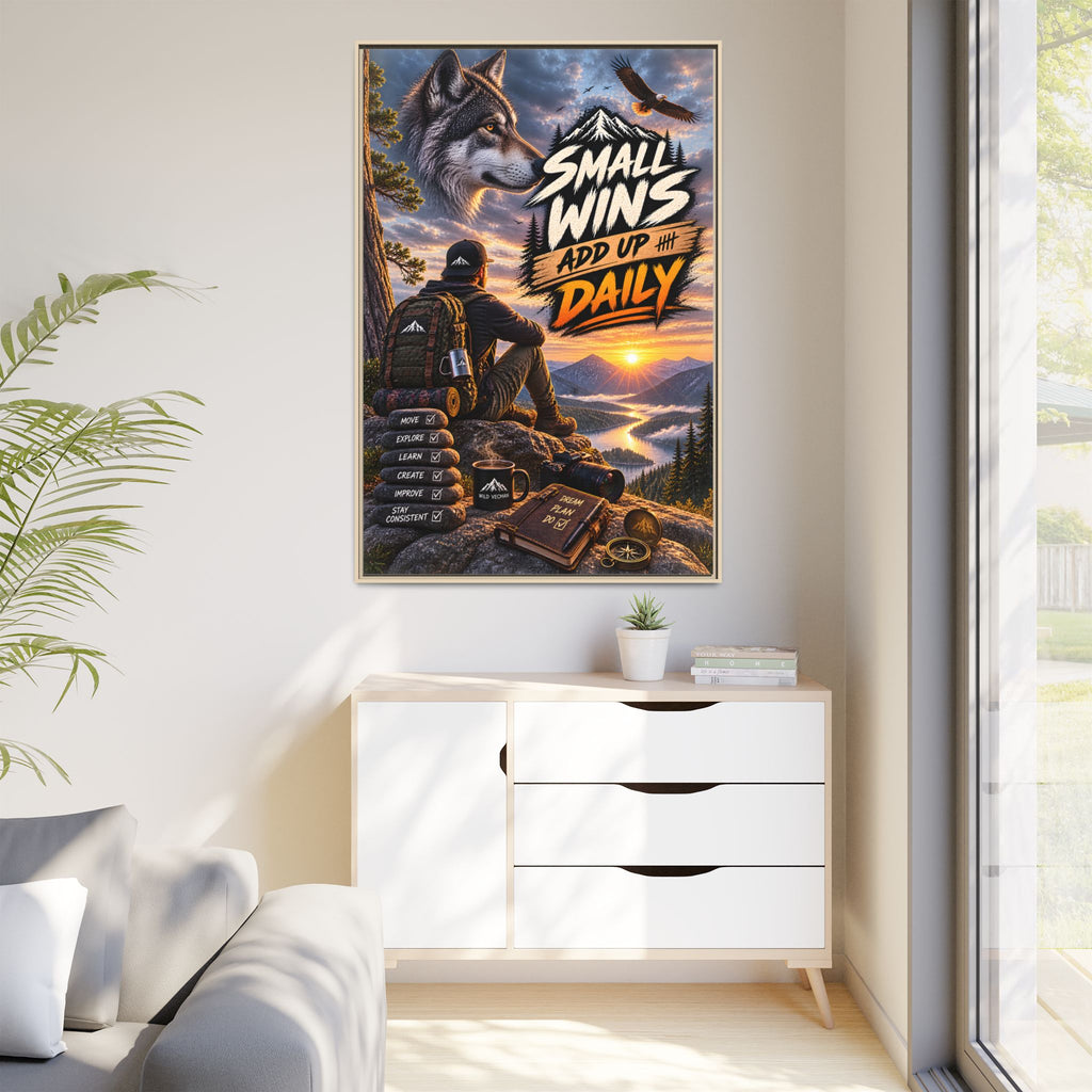 Small Wins Add Up Daily Framed Canvas Wall Art — Motivational Hiking Print