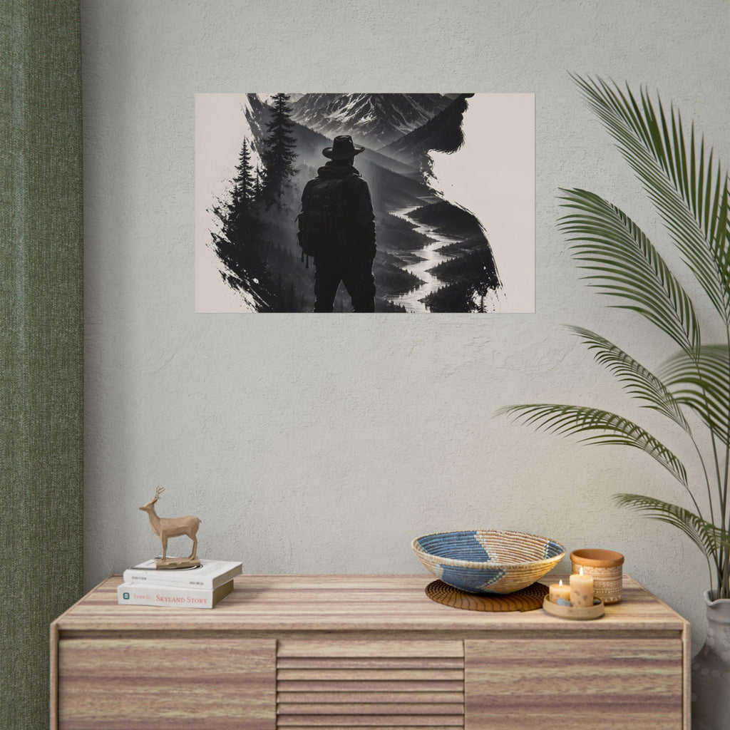 Adventure Silhouette Poster — Hiker, Mountains & River Rolled Wall Art