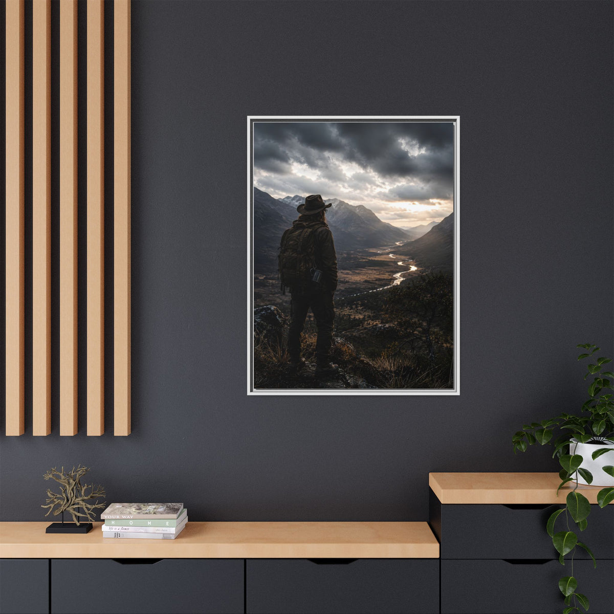 Wanderer in the Valley Matte Framed Canvas – Adventure Landscape Wall Art