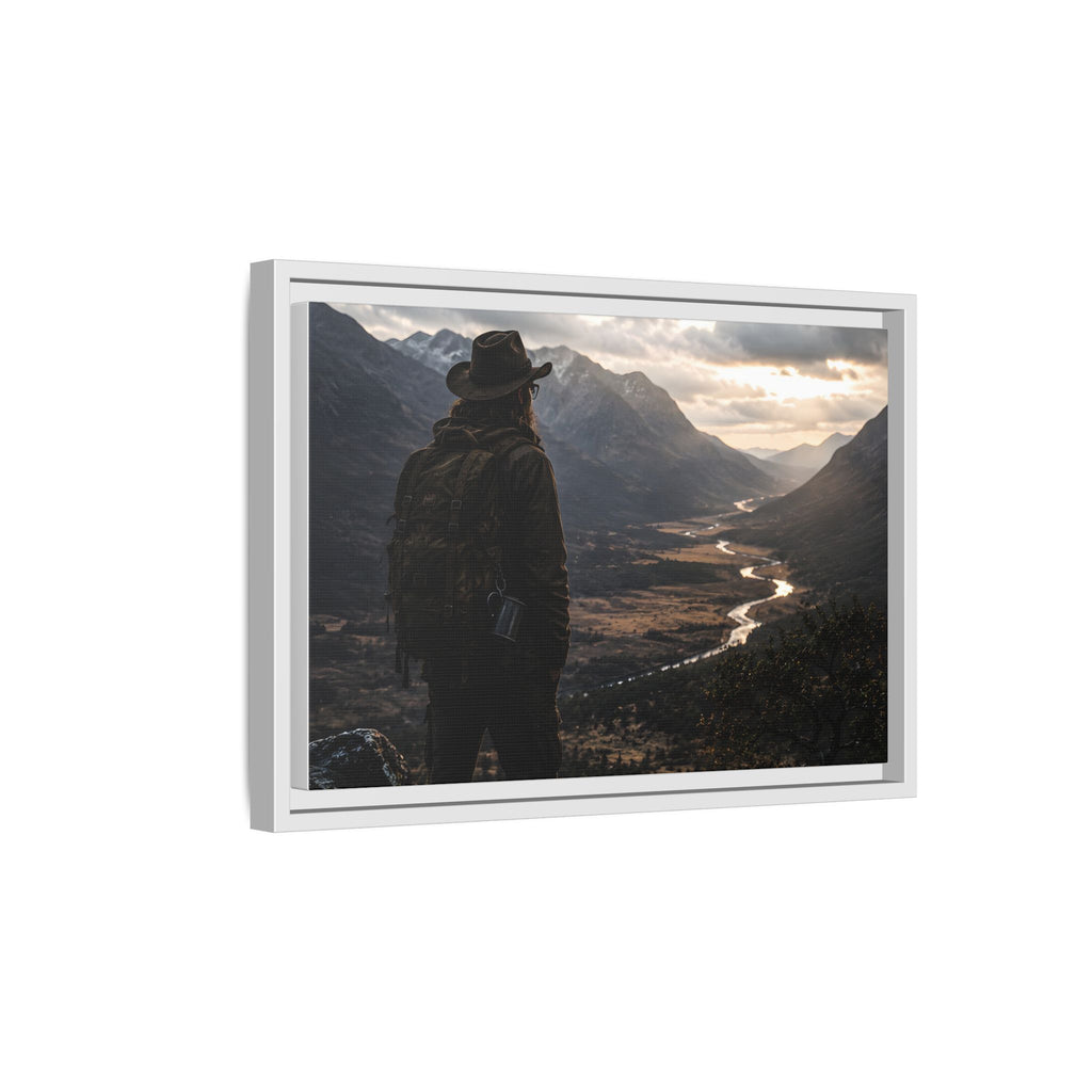 Wanderer in the Valley Matte Framed Canvas – Adventure Landscape Wall Art
