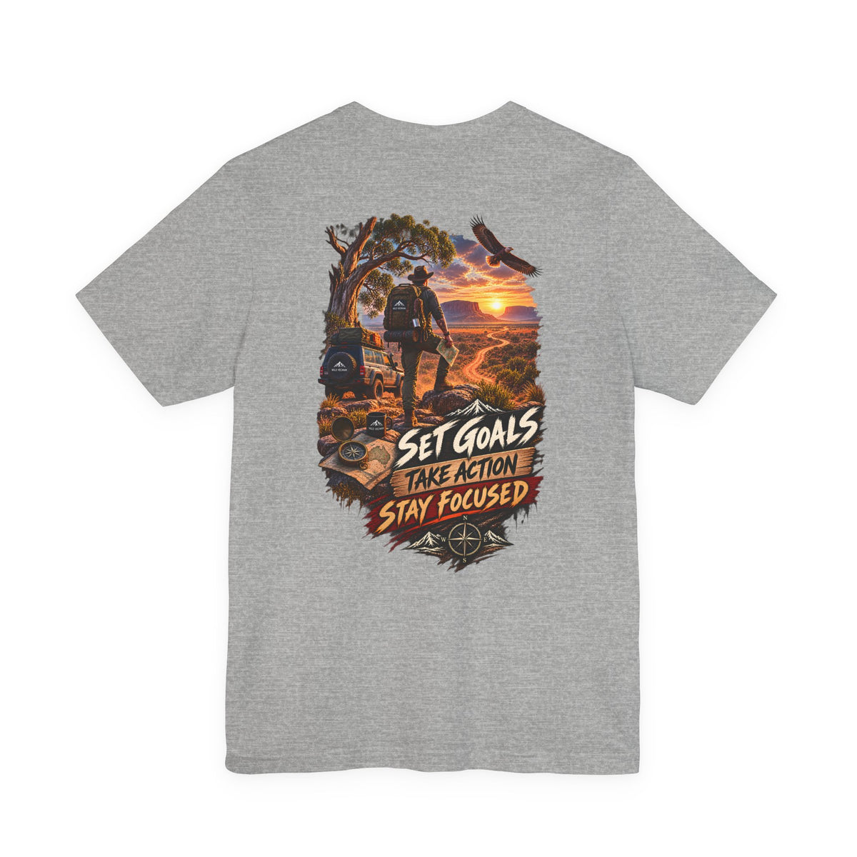 Motivational Hiking T‑Shirt — "Set Goals, Take Action, Stay Focused" Back Graphic